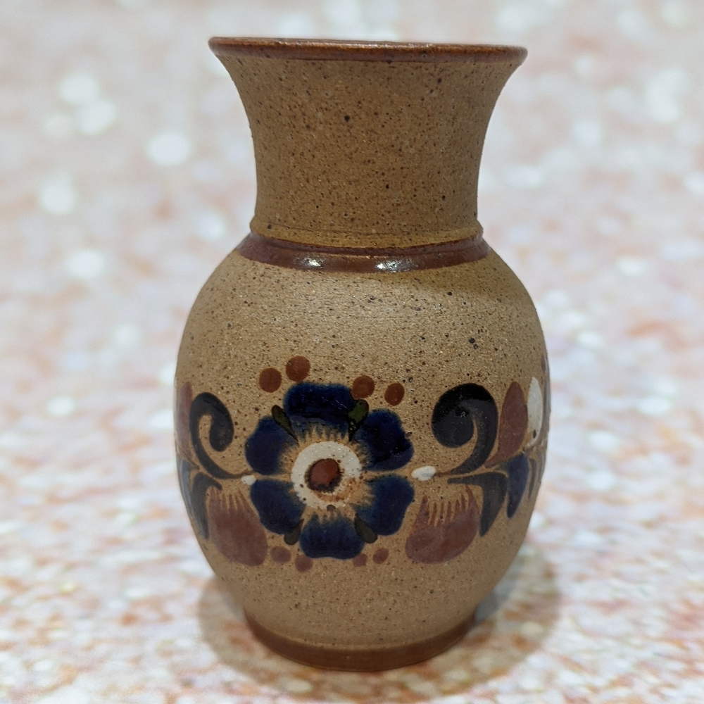 Tonala Mexican Pottery Vase Ensenada Signed Blue Floral 5 inch